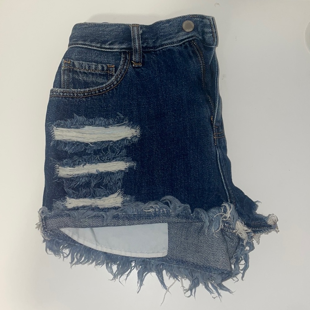 Dark wash distressed high waisted jean shorts